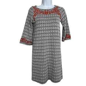 THML Anthropologie Black White Geometric Dress Coral Embroidery Size Small Boho